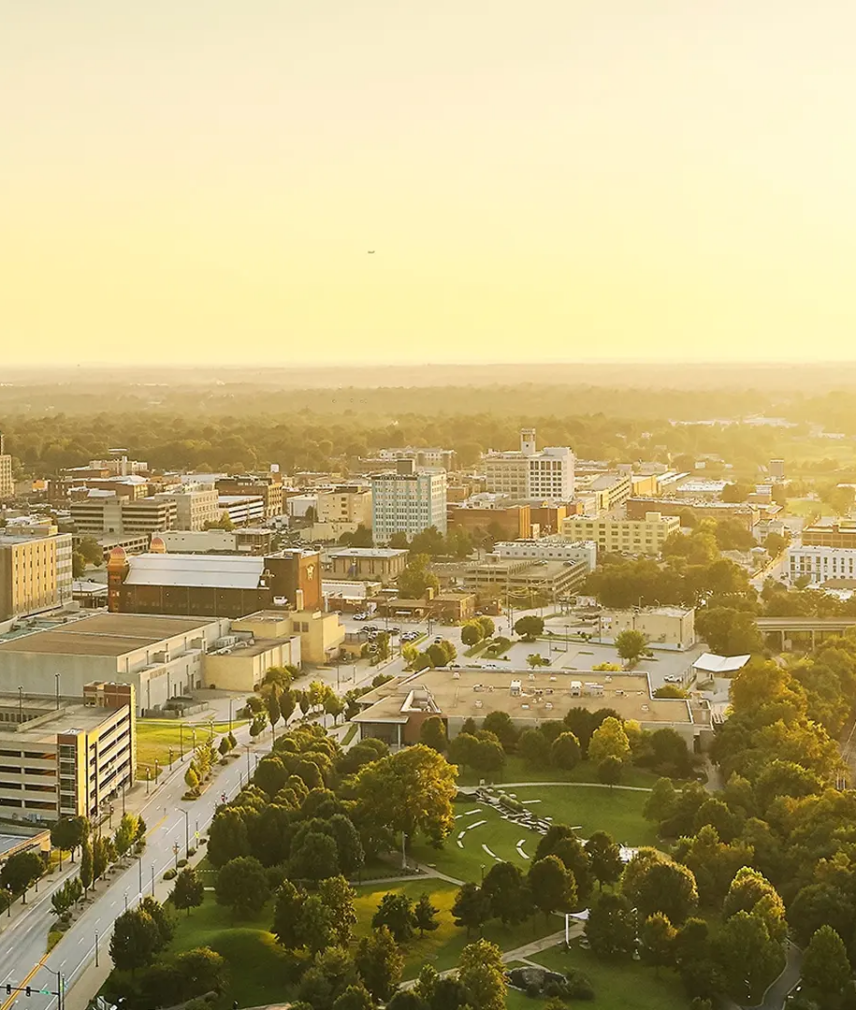 Drone shot of downtown Springfield at sunset