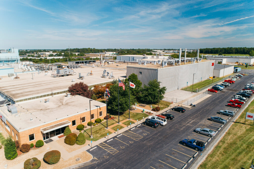 Exterior drone shot of 3M plant in Springfield