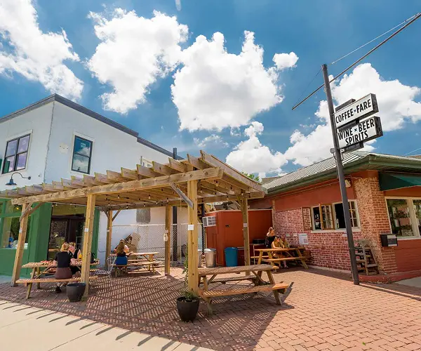 Outdoor eating area just outside Cherry Picker in the Cherry & Pickwick neighborhood