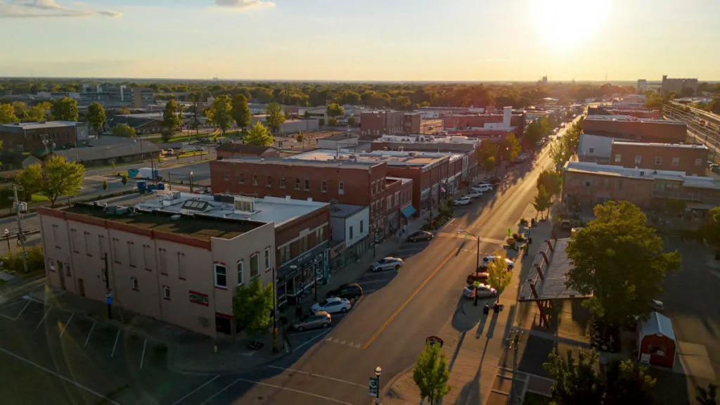 Drone shot of C Street at Sunset, near the farmer's market
