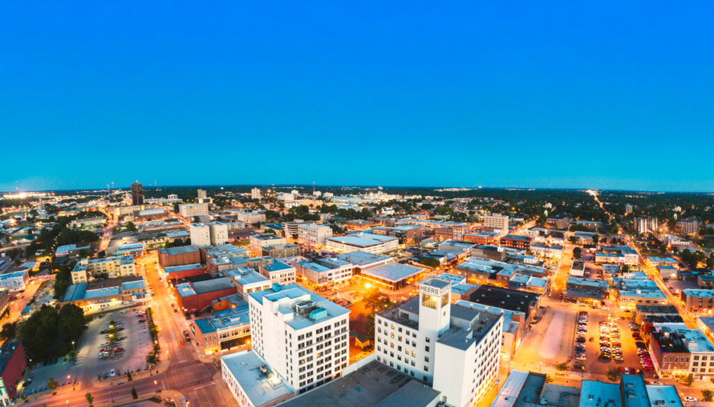 Drone view of downtown Springfield in the evening